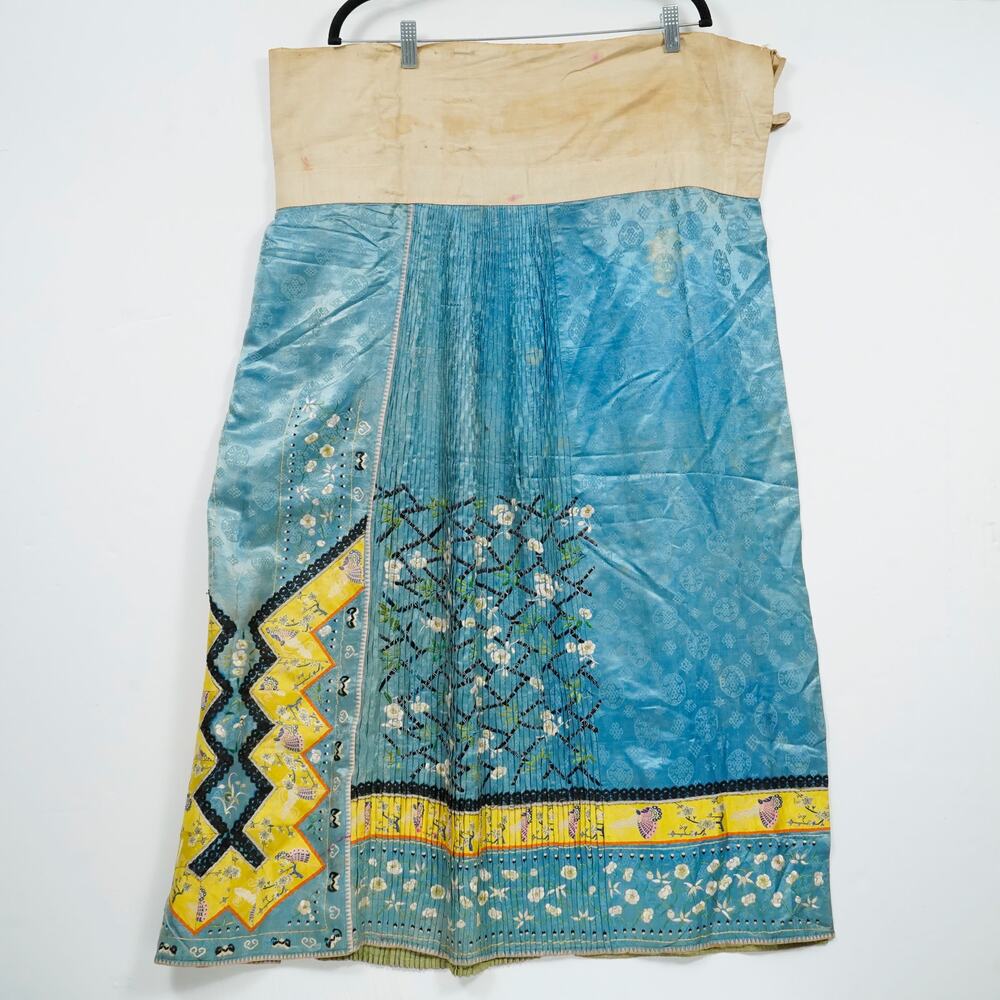 Antique Chinese Pleated Silk Skirt Mamianqun Late Qing Early 20th C Blue Yellow